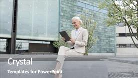  Presentation with technology education - Presentation design with business education technology and people concept - smiling businesswoman working with tablet pc computer on city street background and a gray colored foreground