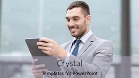  Presentation with technology education - Amazing PPT theme having business education technology and people concept - smiling businessman working with tablet pc computer on city street backdrop and a light gray colored foreground