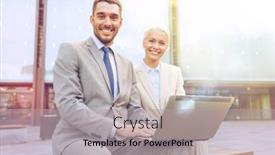  Presentation with education technology - Presentation theme consisting of business education technology and people concept - smiling businesspeople working with laptop computer on city street background and a light gray colored foreground