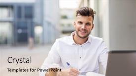  Presentation with technology education - Amazing slides having business education technology and people concept - young man with laptop computer documents and coffee cup at city street cafe backdrop and a lemonade colored foreground