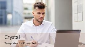  Presentation with technology education - PPT theme with business education technology and people concept - young man with laptop computer documents and coffee cup at city street cafe background and a soft green colored foreground