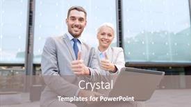  Presentation with technology education - Amazing PPT layouts having business education technology gesture and people concept - smiling businesspeople working with laptop computer showing thumbs up on city street backdrop and a gray colored foreground
