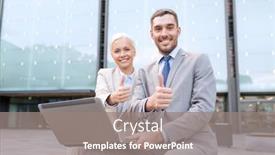  Presentation with technology education - Beautiful theme featuring business education technology gesture and people concept - smiling businesspeople working with laptop computer showing thumbs up on city street backdrop and a gray colored foreground