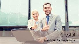  Presentation with technology education - PPT layouts with business education technology gesture and people concept - smiling businesspeople working with laptop computer showing thumbs up on city street background and a coral colored foreground