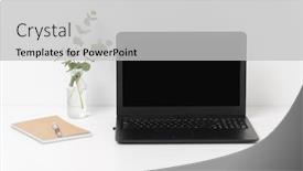  Presentation with white electronics - PPT theme having business electronics and interior concept - laptop with black screen on white office table background and a light gray colored foreground