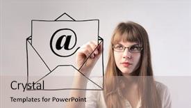  Presentation with email - PPT theme enhanced with business email - businesswoman drawing an e-mail envelope background and a mint green colored foreground