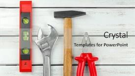  Presentation with tools - Cool new slides with business essentials - set of tools on wooden backdrop and a light gray colored foreground