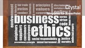  Presentation with business ethics - Presentation theme consisting of workplace morale - business ethics word cloud background and a violet colored foreground