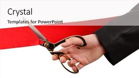  Presentation with cutting ribbon - Theme with business event - cutting red ribbon isolated background and a white colored foreground