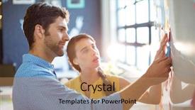  Presentation with sticky notes - Colorful presentation design enhanced with business executive and co-worker putting sticky notes on whiteboard in office backdrop and a coral colored foreground