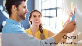  Presentation with sticky notes - Slide set enhanced with business executive and co-worker putting sticky notes on whiteboard in office background and a coral colored foreground