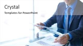  Presentation with workplace - Cool new PPT theme with business executive review - businessman analyzing data in document backdrop and a white colored foreground