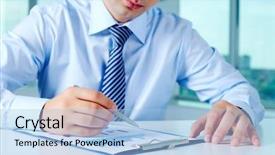  Presentation with corporate financial analysis - Slide deck featuring business executive review - close-up of businessman working background and a light blue colored foreground