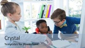  Presentation with executive - Presentation design enhanced with business executive talking on phone background and a  colored foreground