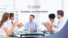  Presentation with conference table - Cool new PPT layouts with business executives clapping around conference table in a bright office backdrop and a sky blue colored foreground
