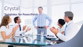  Presentation with conference table - Audience pleasing slide set consisting of business executives clapping around conference table in a bright office backdrop and a sky blue colored foreground