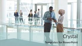  Presentation with front office - Cool new slide deck with business executives discussing over digital backdrop and a light blue colored foreground