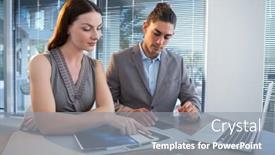  Presentation with business office desk - PPT layouts enhanced with business-executives-discussing-over-documents background and a gray colored foreground