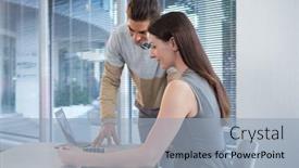  Presentation with business office desk - PPT layouts having business-executives-discussing-over-laptop background and a light blue colored foreground