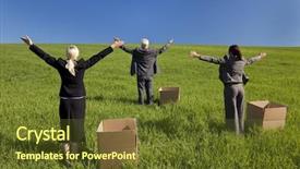  Presentation with three - Colorful PPT theme enhanced with business executives standing outside box backdrop and a tawny brown colored foreground