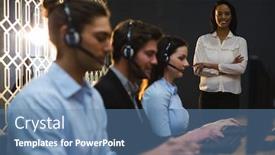  Presentation with computers - PPT theme having business-executives-with-headsets-using background and a teal colored foreground