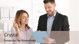  Presentation with consulting engineers - PPT layouts featuring business expert advice concept - businessman consulting young woman background and a soft green colored foreground