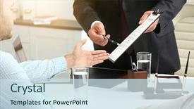  Presentation with notary - PPT theme enhanced with business expert advice concept - notary working with client background and a sky blue colored foreground