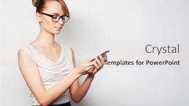  Presentation with young business people - Colorful PPT theme enhanced with business finance and people concept beautiful young businesswoman holding mobile phone standing against grey background backdrop and a lemonade colored foreground