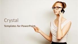  Presentation with young business people - Audience pleasing presentation design consisting of business finance and people concept beautiful young businesswoman holding mobile phone standing against grey background backdrop and a sky blue colored foreground