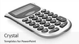  Presentation with calculator - PPT layouts enhanced with business finance arithmetic - calculator isolated over white skew background and a  colored foreground