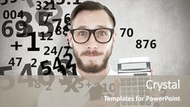  Presentation with calculator - Slide deck featuring business finance arithmetic - geeky businessman pointing to calculator background and a gray colored foreground