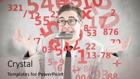  Presentation with retirement calculator - Slide deck having business finance arithmetic - geeky shrugging businessman biting calculator background and a mint green colored foreground