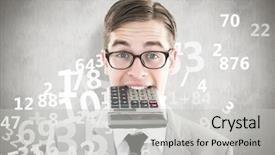  Presentation with calculator - Cool new slide deck with business finance arithmetic - geeky smiling businessman biting calculator backdrop and a light gray colored foreground