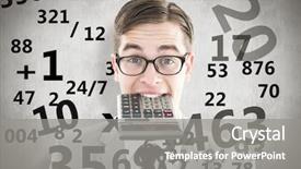  Presentation with business calculator - Slide deck featuring business finance arithmetic - geeky smiling businessman biting calculator background and a gray colored foreground