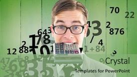  Presentation with retirement calculator - Beautiful presentation design featuring business finance arithmetic - geeky smiling businessman biting calculator backdrop and a  colored foreground
