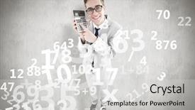 Presentation with calculator - Colorful slide set enhanced with business finance arithmetic - geeky smiling businessman showing calculator backdrop and a light gray colored foreground