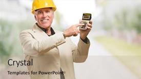  Presentation with calculator - Audience pleasing theme consisting of business finance arithmetic - mature man with hard hat backdrop and a coral colored foreground