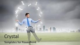 Presentation with juggling - Beautiful PPT layouts featuring business finance arithmetic - young businessman juggling with numerals backdrop and a mint green colored foreground