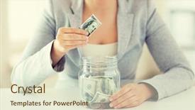  Presentation with hands saving - Slide deck with business finance saving banking and people concept - close up of woman hands putting us dollar money into glass mason jar background and a soft green colored foreground
