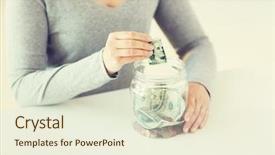  Presentation with hands saving - Theme having business finance saving banking and people concept - close up of woman hands putting us dollar money into glass mason jar background and a sky blue colored foreground