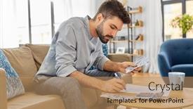  Presentation with business calculator - Cool new theme with business-finances-accounting-and-people backdrop and a coral colored foreground