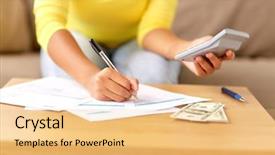  Presentation with business calculator - Cool new PPT theme with business finances and people concept backdrop and a yellow colored foreground