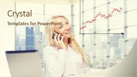  Presentation with forex - PPT layouts having business finances communication and technology concept - smiling businesswoman with laptop computer calling on smartphone over office room with city view window and forex chart background background and a cream colored foreground