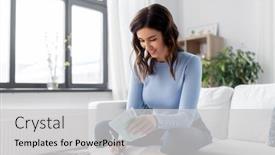  Presentation with business calculator - Amazing slide deck having business-finances-income-and-people backdrop and a light gray colored foreground