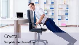  Presentation with stretching - Amazing PPT theme having business fitness - young businessman doing sports stretching backdrop and a light blue colored foreground