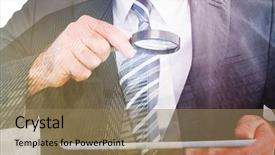  Presentation with blonde holds a magnifying glass - Cool new PPT layouts with business focus - businessman looking at tablet backdrop and a coral colored foreground