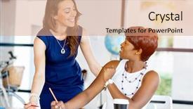  Presentation with working together - Theme enhanced with business focus - women working together office interior background and a coral colored foreground