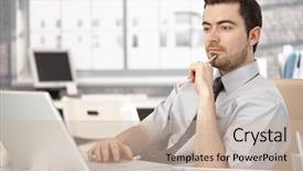  Presentation with bright - Slide deck having business focus - young businessman working in bright background and a soft green colored foreground