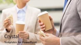  Presentation with people talking - Presentation theme with business food drink communication background and a coral colored foreground