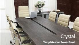  Presentation with laptop - Colorful slide deck enhanced with business furniture - table for negotiations backdrop and a gray colored foreground